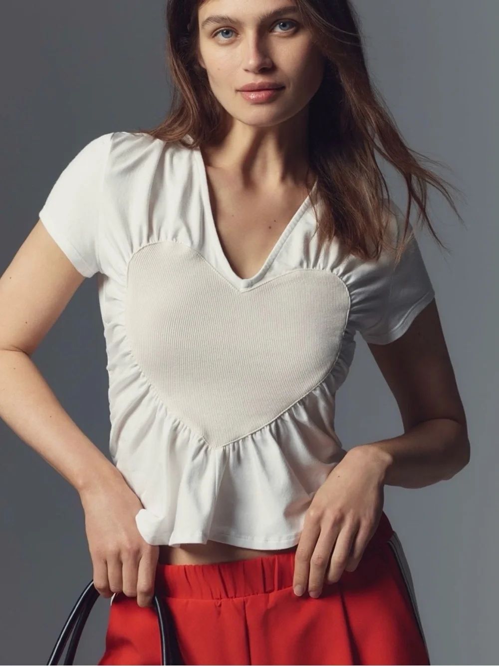 Maeve Heart Embellished V-Neck Tee in white NWT S